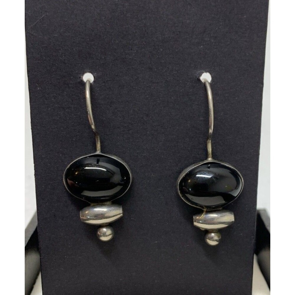 Vintage Black Onyx Sterling Silver Dangle Drop Earrings Hook On 925 Southwest